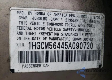 2005 Honda Accord Lx from USA, damaged, VIN 1HGCM56445A090720
